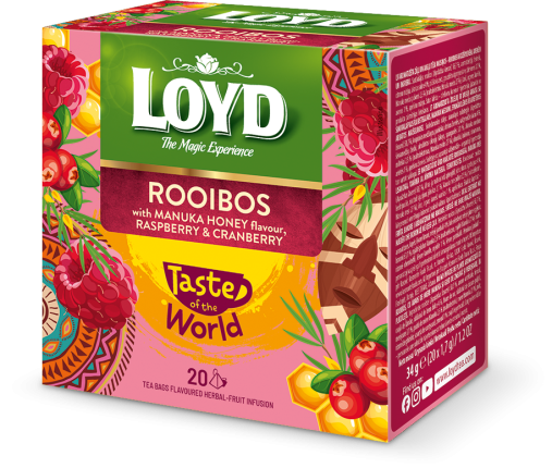 Herbatka Rooibos z miodem Manuka o smaku maliny i żurawiny